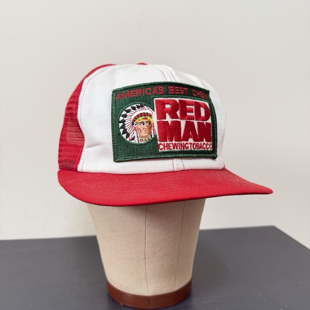 Vintage Red Man Chewing Tobacco SnapBack Hat Trucker Mesh Foam USA 80s Red